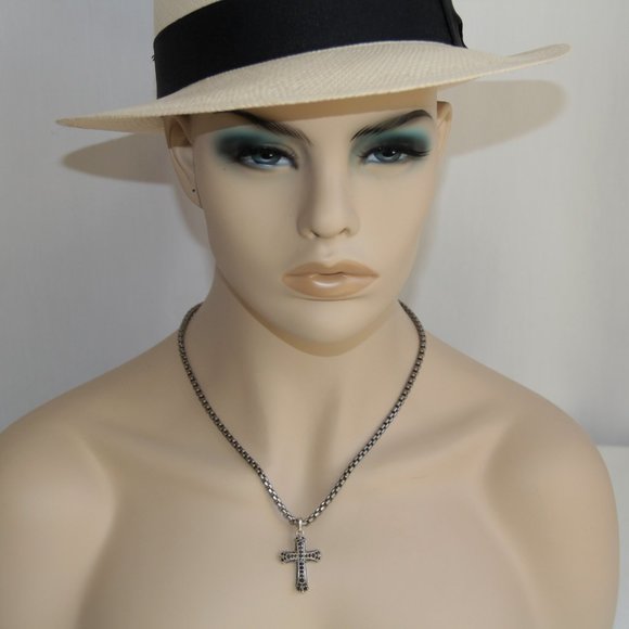 David Yurman Sterling Silver Black Diamond Cross Chain Necklace - Picture 2 of 13